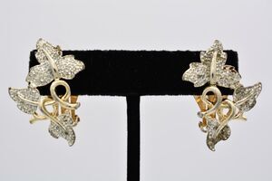 Sarah Cov Vintage Leaf Earrings Silver Gold Textured Autumn Fall Signed 80s 9E